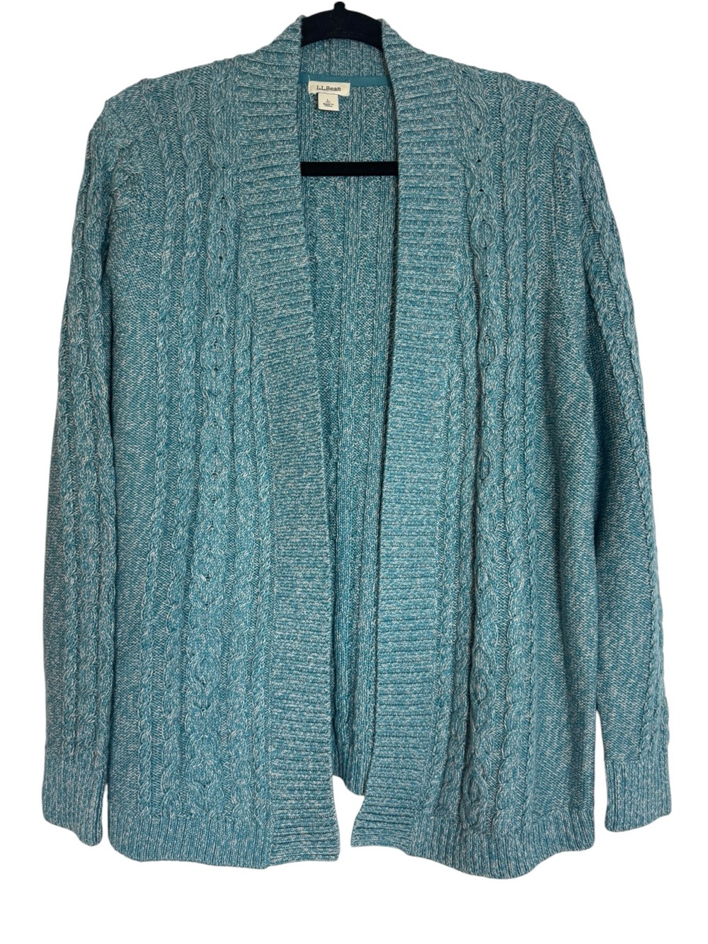 L.L. Bean Women's Teal 100% Cotton Cable-Knit Open Front Large Cardigan